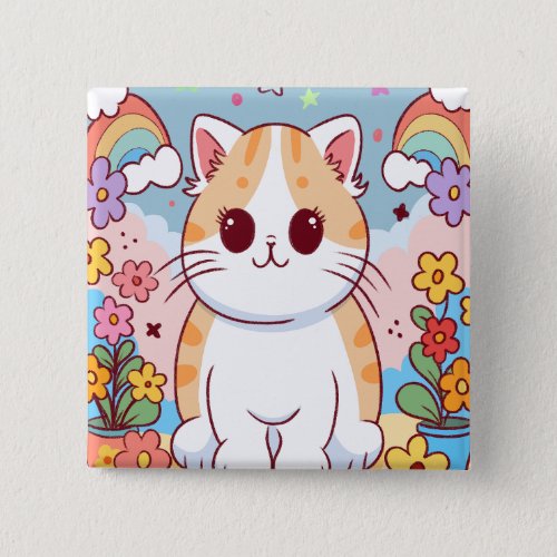 Cute Cartoon Kitty Cat Flowers Rainbows Button