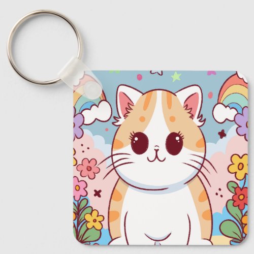 Cute Cartoon Kitty Cat Flowers Rainbows Keychain