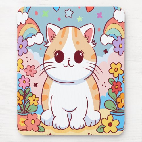 Cute Cartoon Kitty Cat Flowers Rainbows Mouse Pad