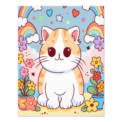Cute Cartoon Kitty Cat Flowers Rainbows Photo Print