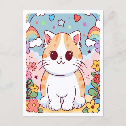 Cute Cartoon Kitty Cat Flowers Rainbows Postcard