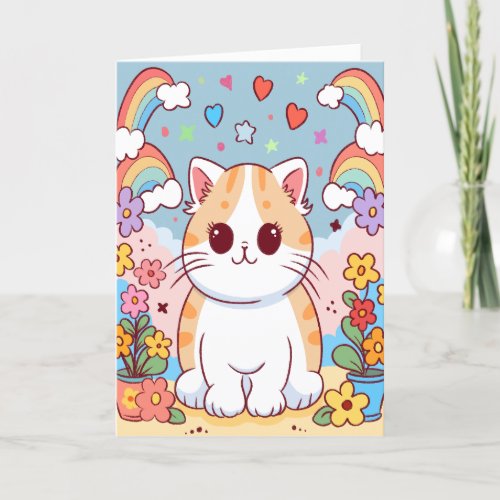 Cute Cartoon Kitty Cat Flowers Rainbows Thank You Card