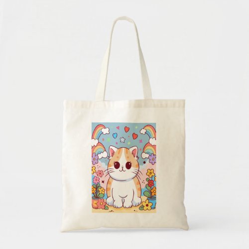 Cute Cartoon Kitty Cat Flowers Rainbows Tote Bag