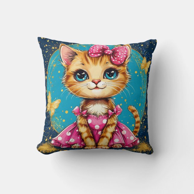 Cute cartoon kitty throw pillow (Front)