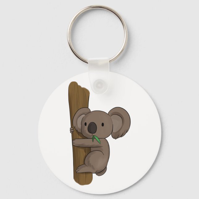 Cute Cartoon Koala Bear on Tree Eating Eucalyptus Keychain (Front)