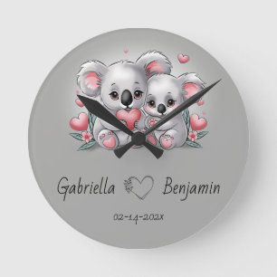 Cute Cartoon Koala Lovers Heart Valentine’s Day  Round Clock
