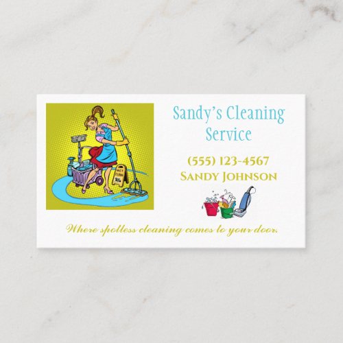 Cute Cartoon Lady Professional Cleaning Services Business Card