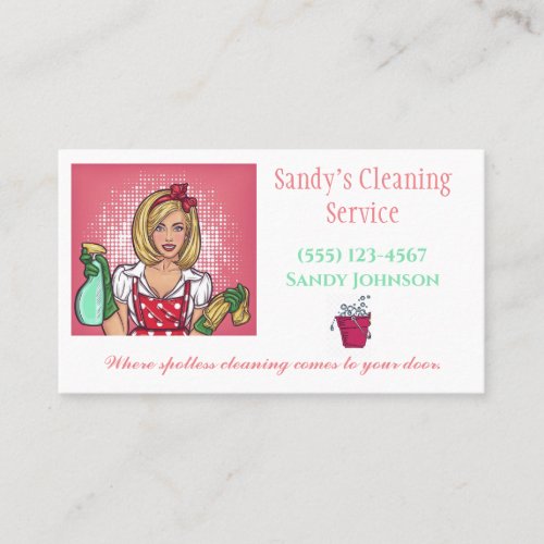 Cute Cartoon Lady Professional Cleaning Services Business Card