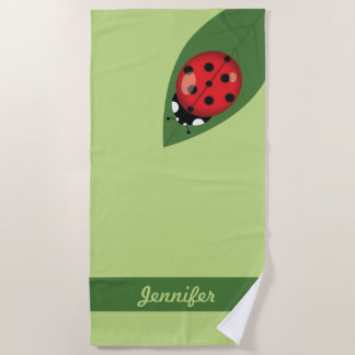 Cute Cartoon Ladybug On A Leaf And Custom Name Beach Towel