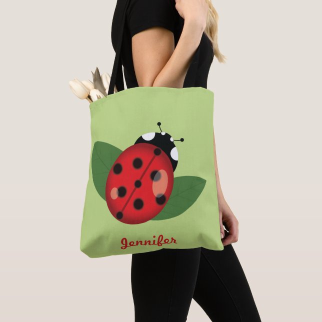 Cute Cartoon Ladybug With Personalizable Name Tote Bag (Close Up)