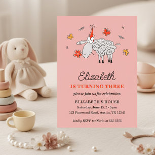 Cute Cartoon Lamb Girl Third Birthday Party Invitation