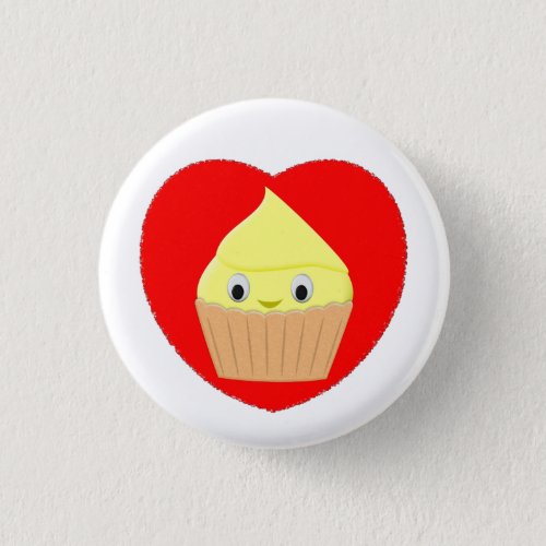Cute Cartoon Lemon Cupcake In Red Heart  Button