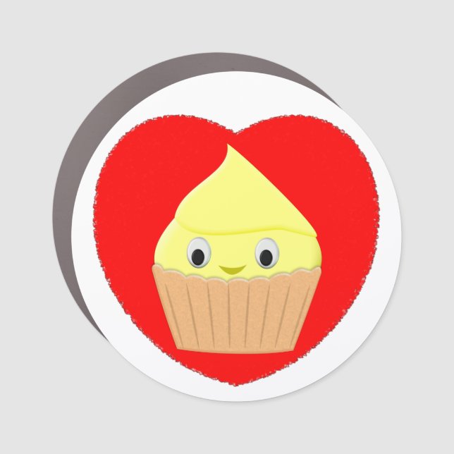 Cute Cartoon Lemon Cupcake In Red Heart Car Magnet (Front)