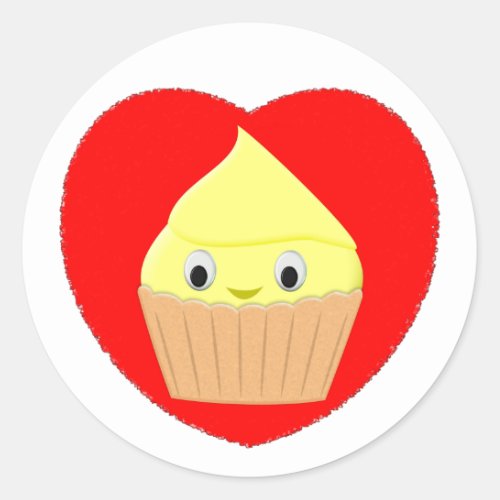 Cute Cartoon Lemon Cupcake In Red Heart  Classic R Classic Round Sticker
