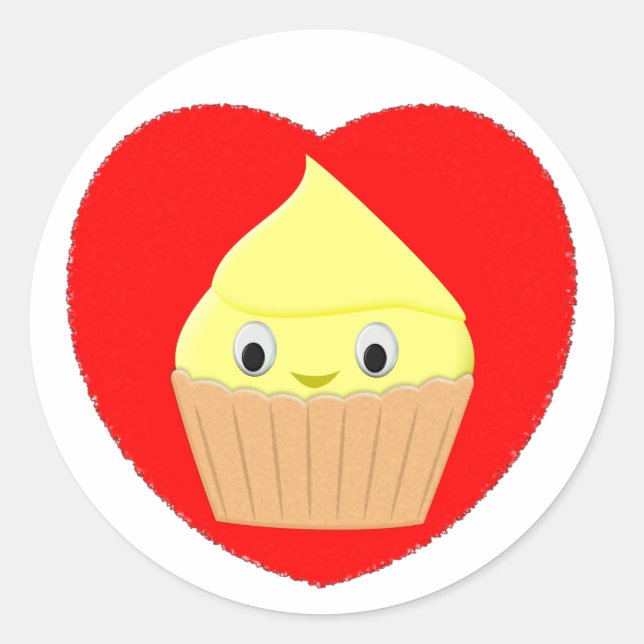 Cute Cartoon Lemon Cupcake In Red Heart  Classic R Classic Round Sticker (Front)