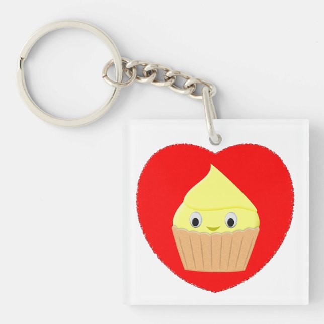 Cute Cartoon Lemon Cupcake In Red Heart Keychain (Front)