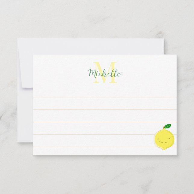 Cute Cartoon Lemon Custom Lined Monogram Note Card (Front)