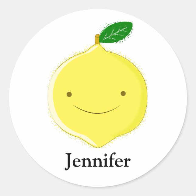 Cute Cartoon Lemon Custom Name Classic Round Sticker (Front)