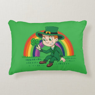 Cute cartoon leprechaun with shamrock and rainbow accent pillow
