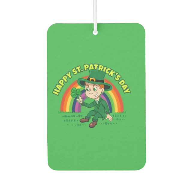 Cute cartoon leprechaun with shamrock and rainbow air freshener (Front)