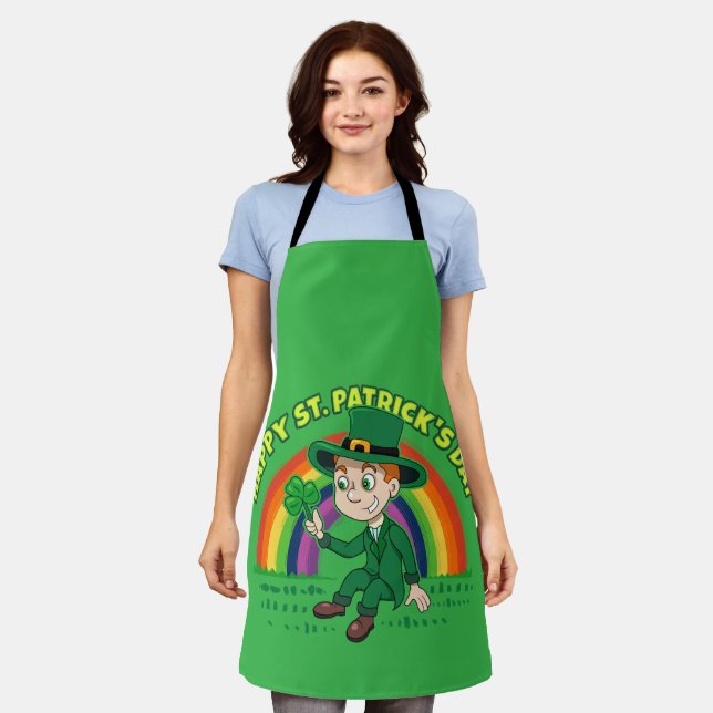 Cute cartoon leprechaun with shamrock and rainbow apron (Worn)