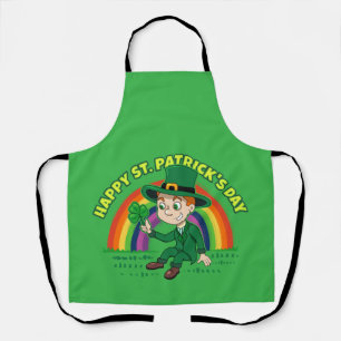 Cute cartoon leprechaun with shamrock and rainbow apron