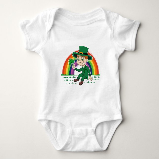 Cute cartoon leprechaun with shamrock and rainbow baby bodysuit (Front)
