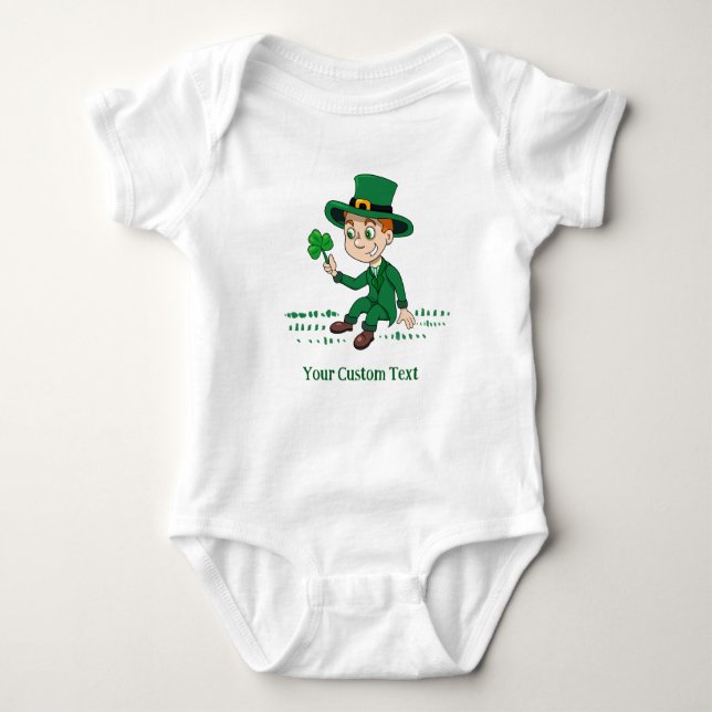 Cute cartoon leprechaun with shamrock and rainbow baby bodysuit (Front)