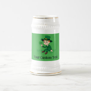 Cute cartoon leprechaun with shamrock and rainbow beer stein