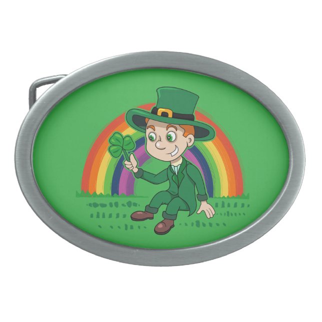 Cute cartoon leprechaun with shamrock and rainbow belt buckle (Front)