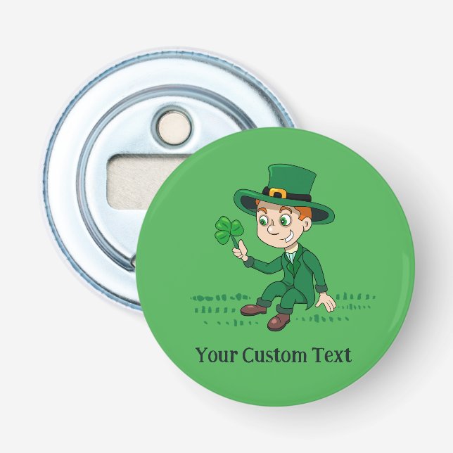 Cute cartoon leprechaun with shamrock and rainbow bottle opener (Front)