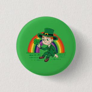 Cute cartoon leprechaun with shamrock and rainbow button