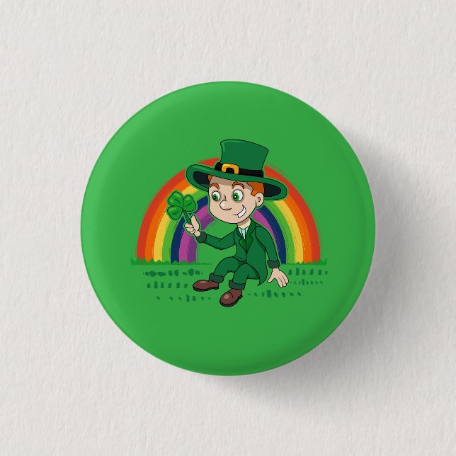 Cute cartoon leprechaun with shamrock and rainbow button (Front)