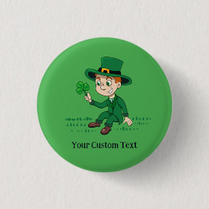 Cute cartoon leprechaun with shamrock and rainbow button