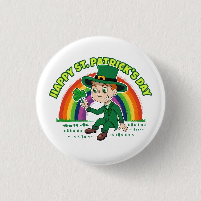 Cute cartoon leprechaun with shamrock and rainbow button (Front)