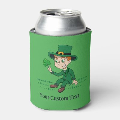 Cute cartoon leprechaun with shamrock and rainbow can cooler