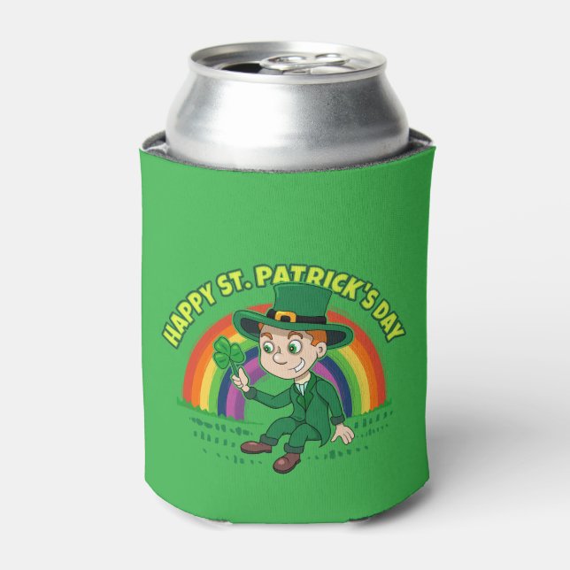 Cute cartoon leprechaun with shamrock and rainbow can cooler (Can Front)