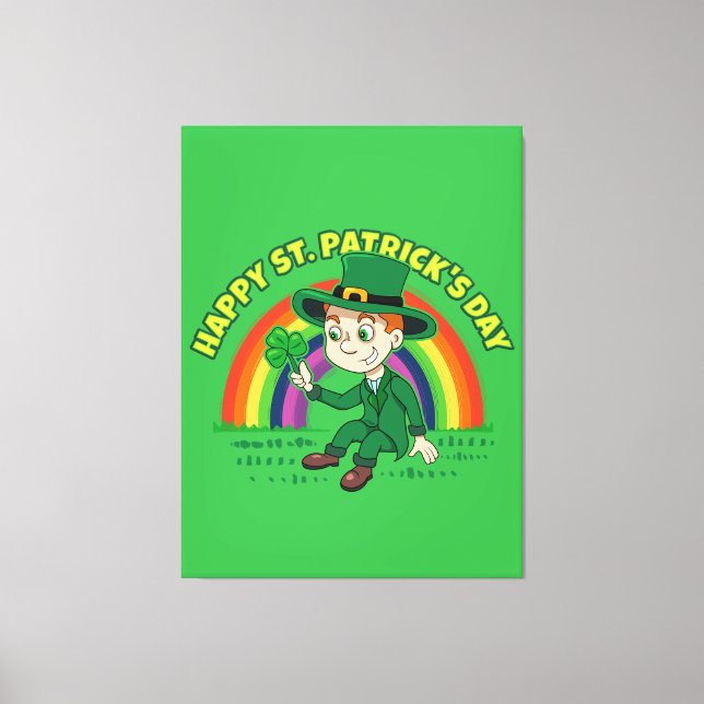 Cute cartoon leprechaun with shamrock and rainbow canvas print (Front)