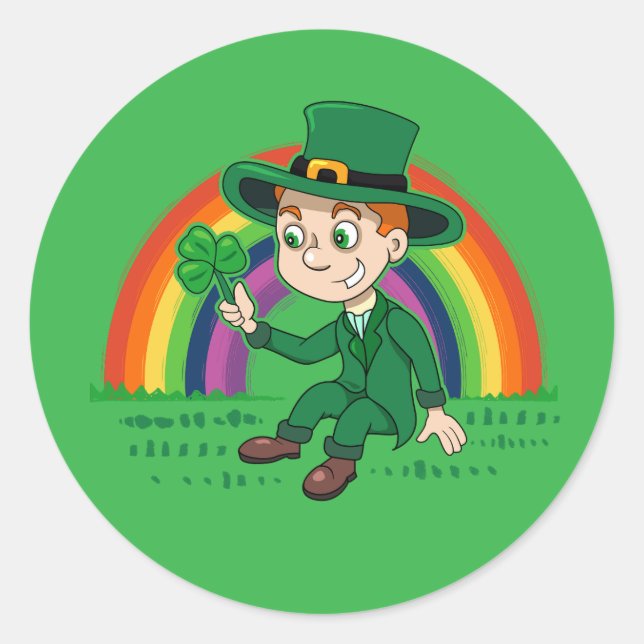 Cute cartoon leprechaun with shamrock and rainbow classic round sticker (Front)