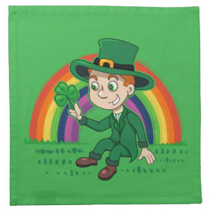 Cute cartoon leprechaun with shamrock and rainbow cloth napkin