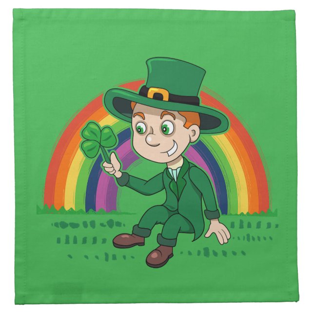 Cute cartoon leprechaun with shamrock and rainbow cloth napkin (Front)