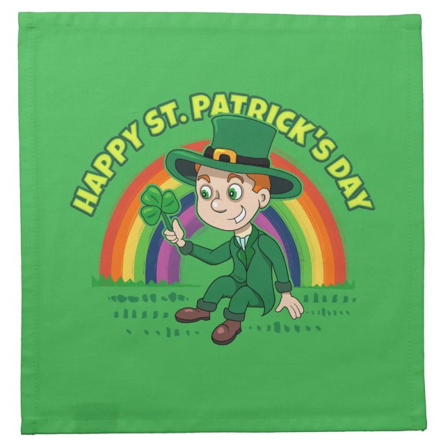 Cute cartoon leprechaun with shamrock and rainbow cloth napkin (Front)