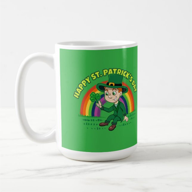 Cute cartoon leprechaun with shamrock and rainbow coffee mug (Left)