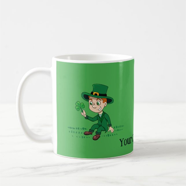 Cute cartoon leprechaun with shamrock and rainbow coffee mug (Left)