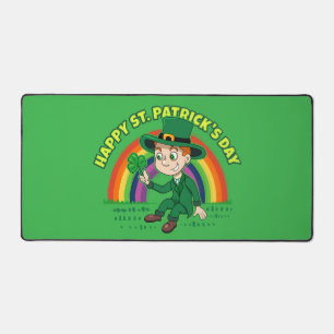 Cute cartoon leprechaun with shamrock and rainbow desk mat