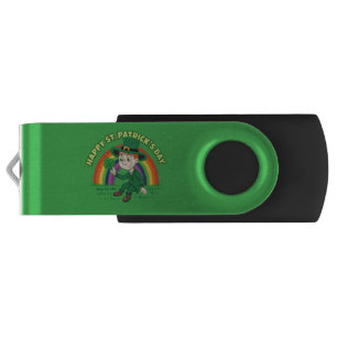 Cute cartoon leprechaun with shamrock and rainbow flash drive