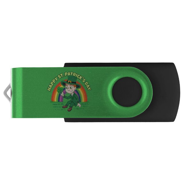 Cute cartoon leprechaun with shamrock and rainbow flash drive (Back)