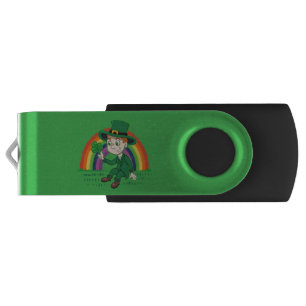 Cute cartoon leprechaun with shamrock and rainbow flash drive