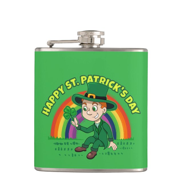 Cute cartoon leprechaun with shamrock and rainbow flask (Front)