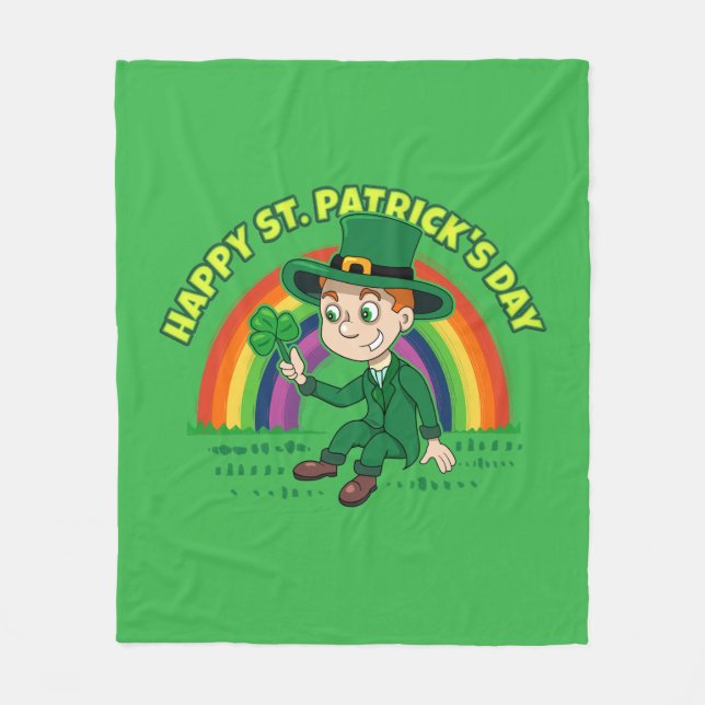 Cute cartoon leprechaun with shamrock and rainbow fleece blanket (Front)